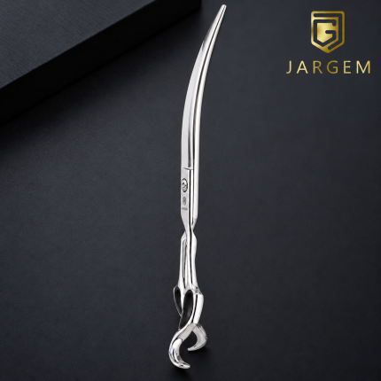 Jargem Silver zakrivljene makaze 7,5″ – bočni prikaz zakrivljenosti sečiva i oblikovane drške